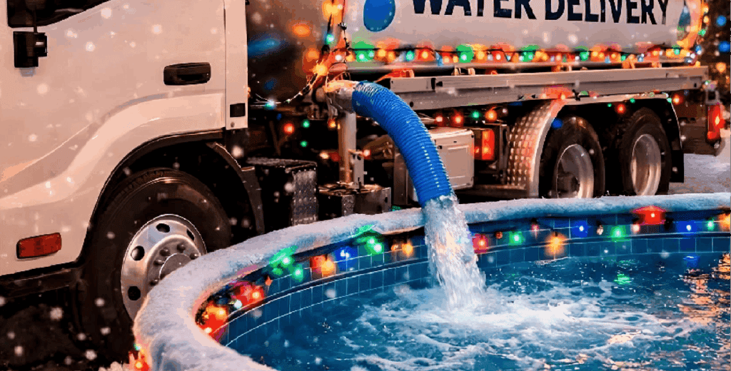 A water delivery truck fills a colorful swimming pool at a carnival event during daytime, with water streaming from the truck's hose.