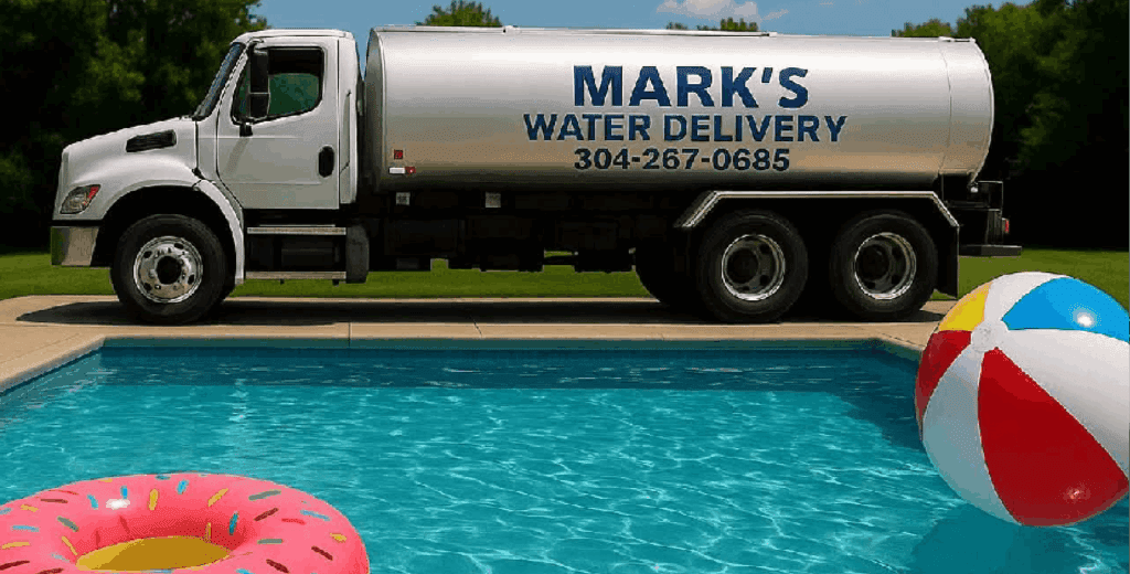 A Mark's Water Delivery tanker truck is positioned next to a bright turquoise swimming pool with inflatable pool toys.