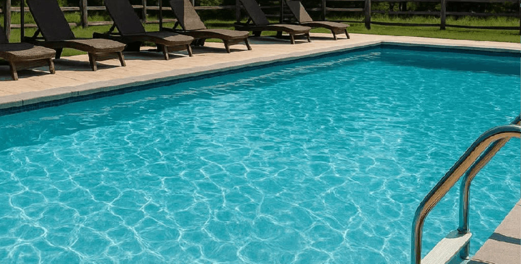 A pristine turquoise swimming pool with clear water and lounge chairs visible in the background on a sunny day.