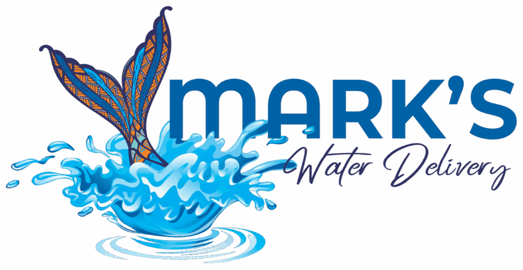 Mark's Water Delivery logo featuring a stylized blue fish leaping from a water splash with company name and tagline.