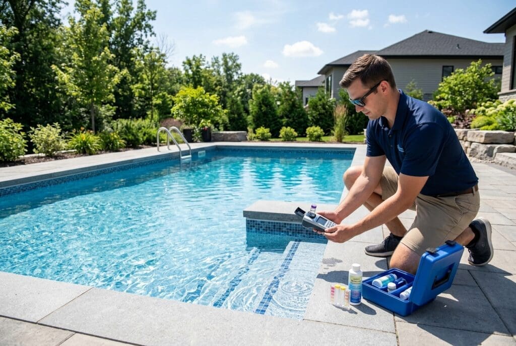 A pool technician performs water testing and maintenance on a residential backyard swimming pool on a sunny day.