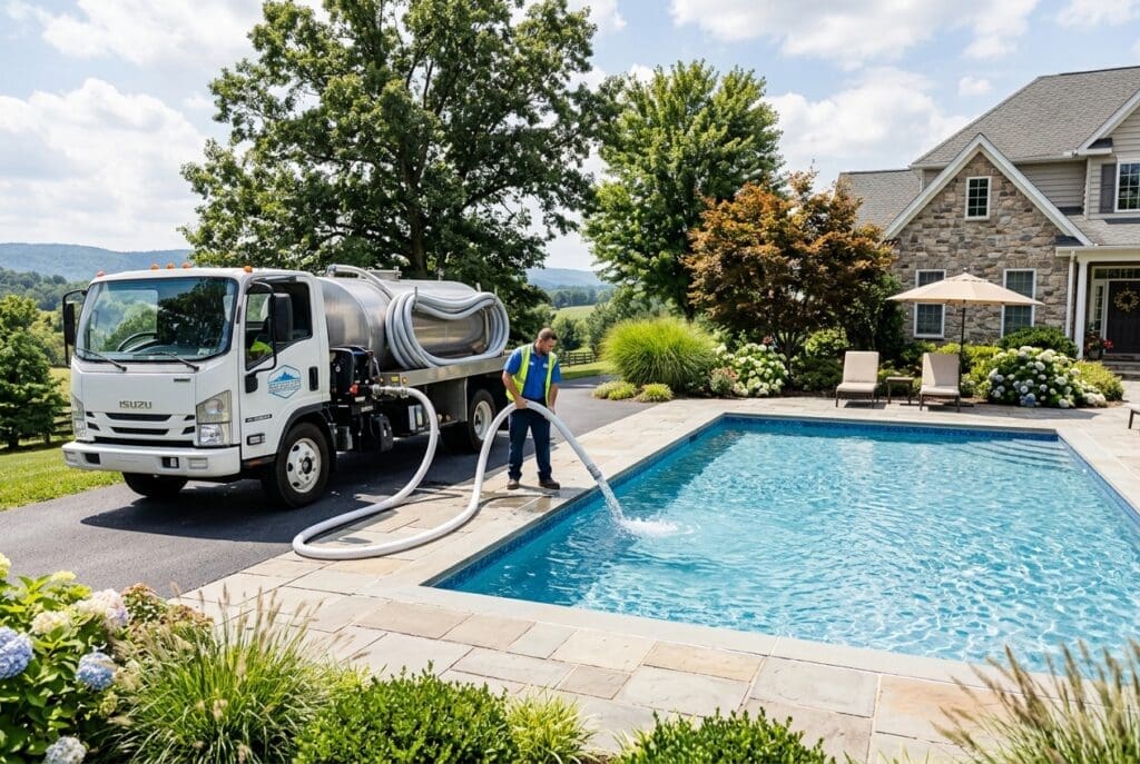 A professional pool cleaning or maintenance service truck operates beside a pristine backyard swimming pool at a residential property on a sunny day.