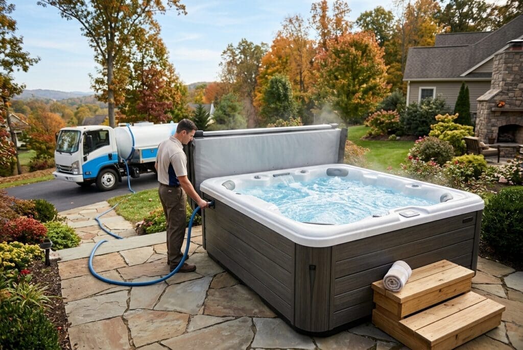 A man stands beside a luxurious hot tub on a stone patio in an autumn residential setting, with a service vehicle visible in the background.