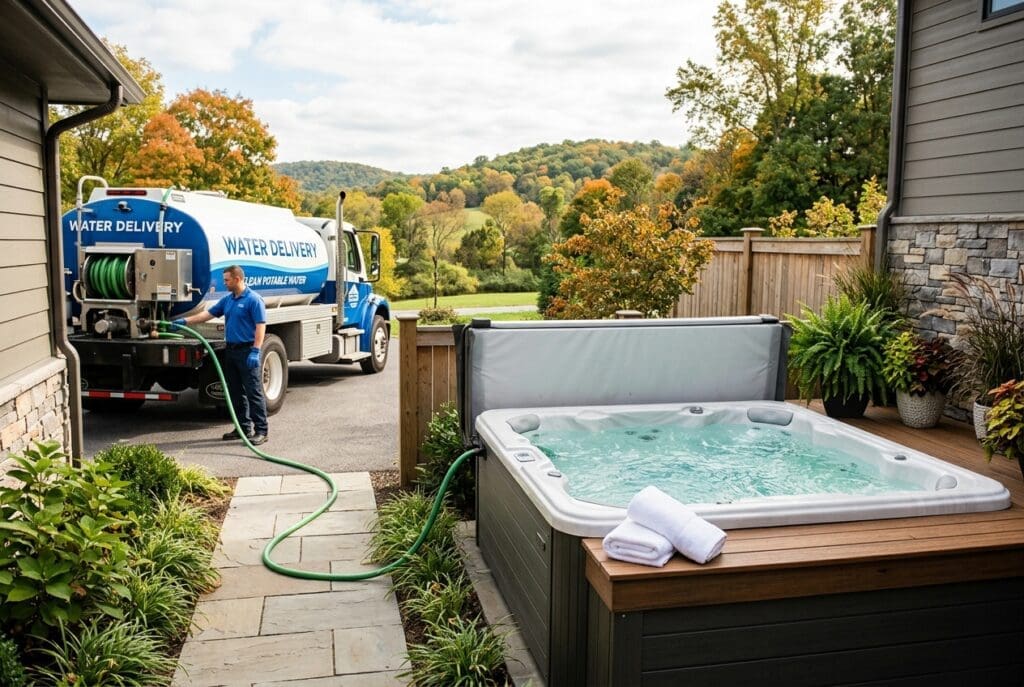 A residential patio features a hot tub in the foreground with a blue water delivery truck visible in the background, set against autumn-colored hillside landscape.
