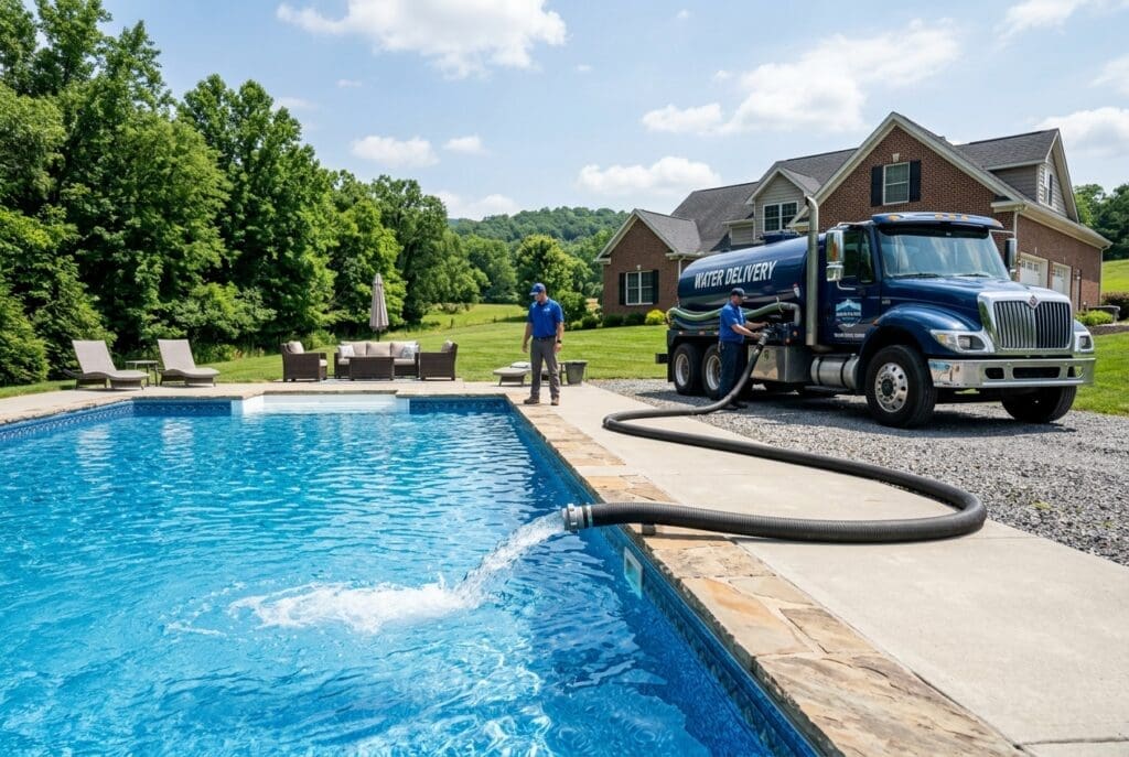 A professional pool cleaning and maintenance truck is parked alongside a residential swimming pool on a sunny day, with workers performing service operations.