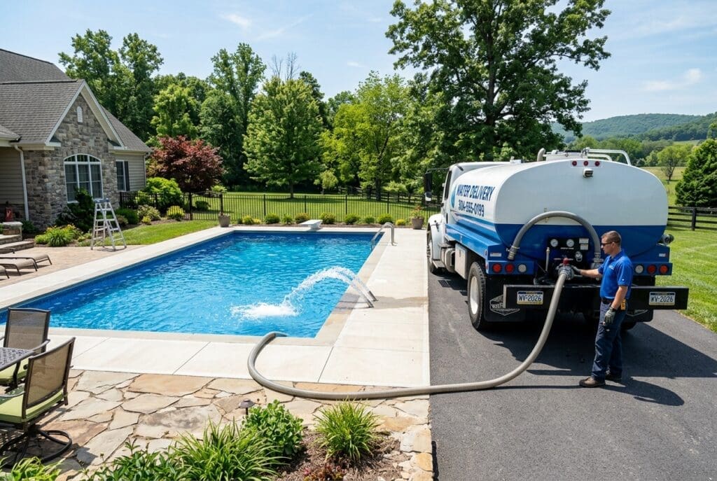 A professional septic or pool maintenance truck is servicing a residential swimming pool on a sunny day in a suburban backyard setting.