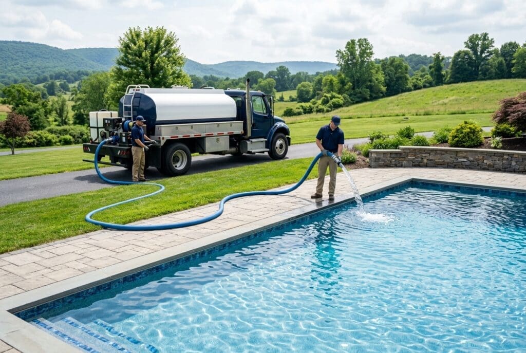 A professional pool cleaning service worker operates a water tanker truck beside a residential swimming pool on a sunny day in a rural or suburban setting.