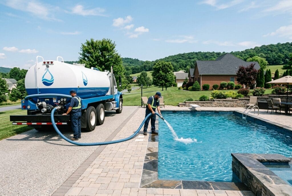 A blue water tanker truck is parked beside a residential swimming pool on a sunny day in a rural setting.