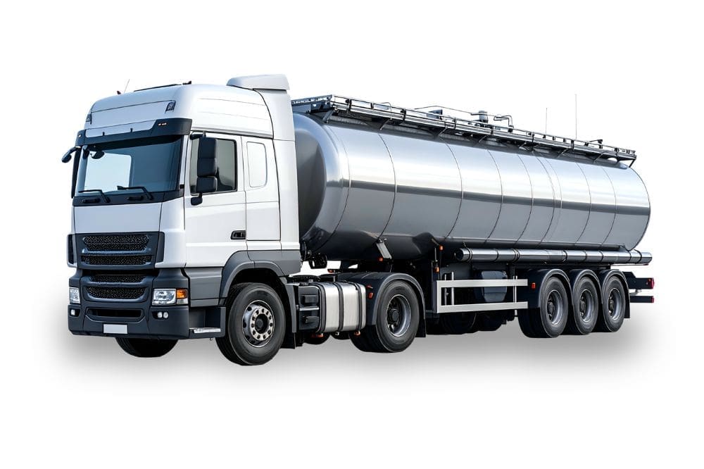 A white and silver tanker truck with a cylindrical cargo container is photographed against a white background in a studio or product photography setting.