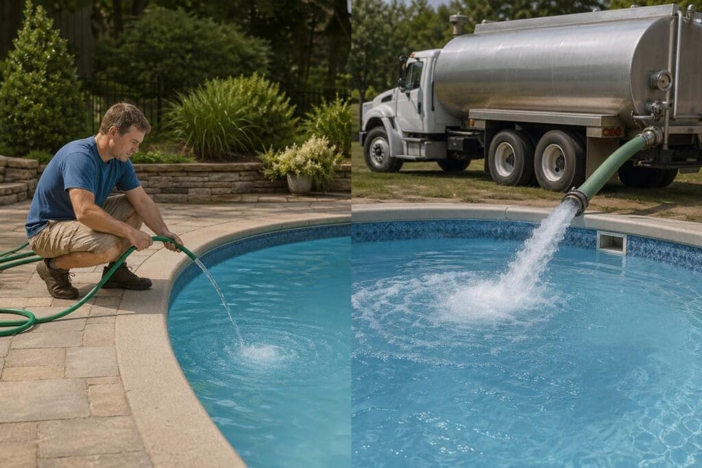 A pool maintenance worker fills a residential swimming pool using a tanker truck while crouching beside the pool's edge.