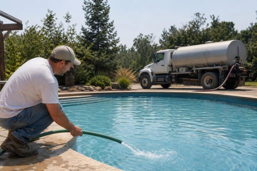 A man performs pool maintenance work by skimming debris from a bright turquoise swimming pool while a water tanker truck is positioned in the background on a residential property.