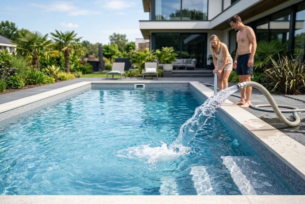 People jumping into a sparkling blue swimming pool in front of a modern residential home surrounded by tropical landscaping on a sunny day.