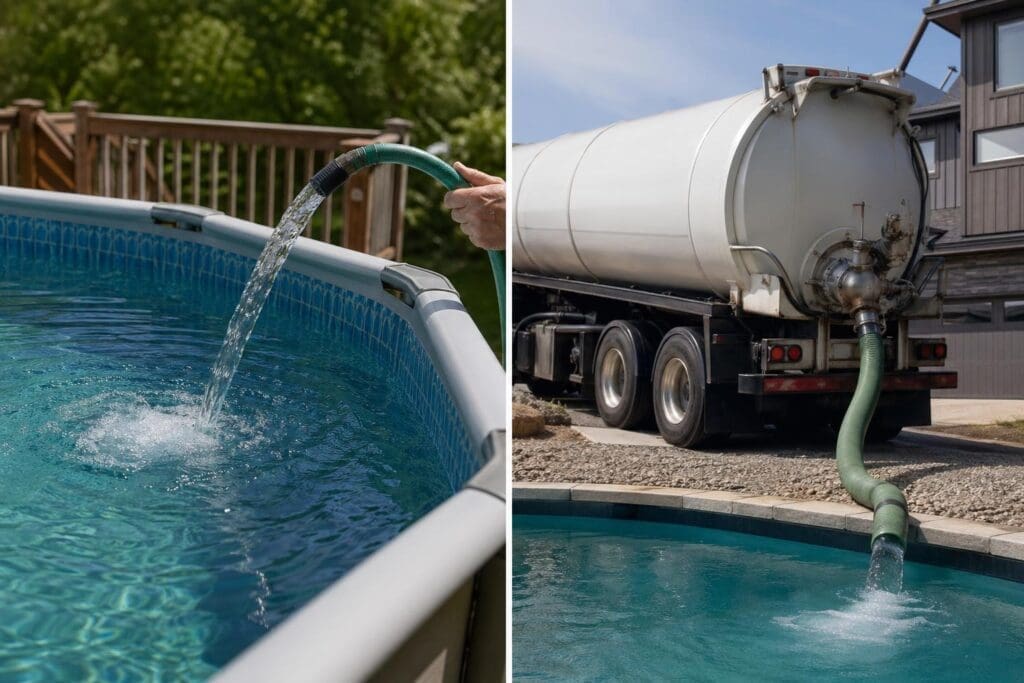 A split-screen comparison showing a residential inflatable pool being filled by a water tanker truck, with clear blue water and suburban setting.