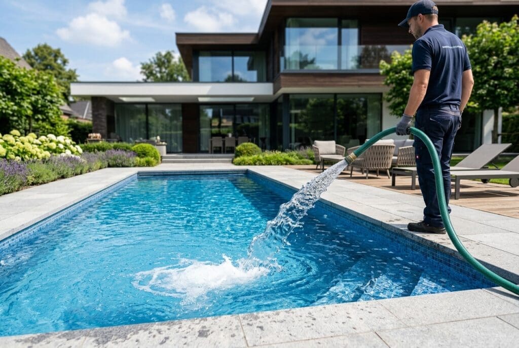 A pool technician cleans and maintains a bright blue swimming pool in front of a modern residential home on a sunny day.