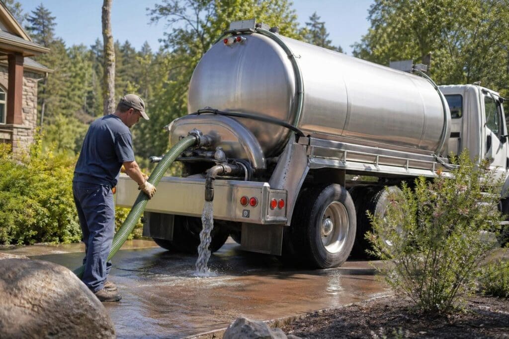 A septic tank pumping truck arrives at a residential property where a worker operates the equipment to service the septic system.