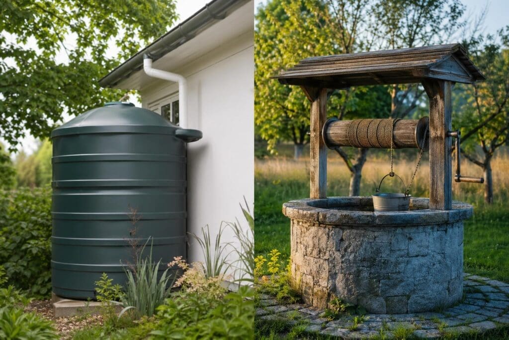 A residential garden featuring two water storage tanks with a pergola structure and surrounding greenery on a bright day.