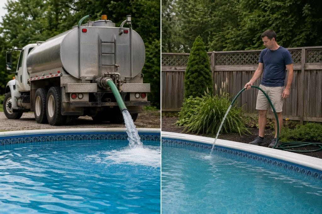 A professional pool cleaning service operator uses a tanker truck to fill or maintain a residential swimming pool in a backyard setting.