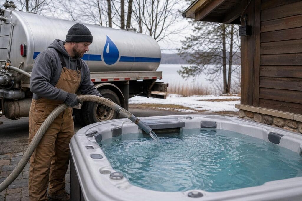 A man operates a water delivery truck to fill an outdoor hot tub during winter, with bare trees and a residential structure visible in the background.