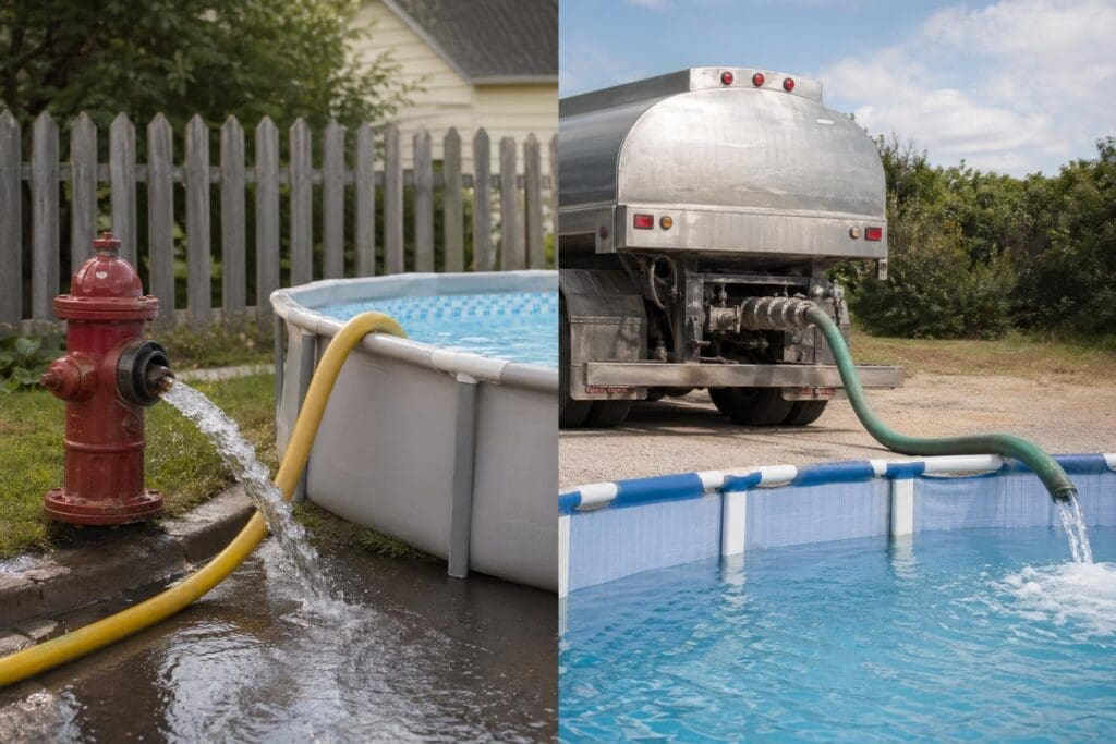 A collage showing various pool maintenance equipment and setup including a water pump system, fire hydrant connection, and an in-ground swimming pool with clear blue water.