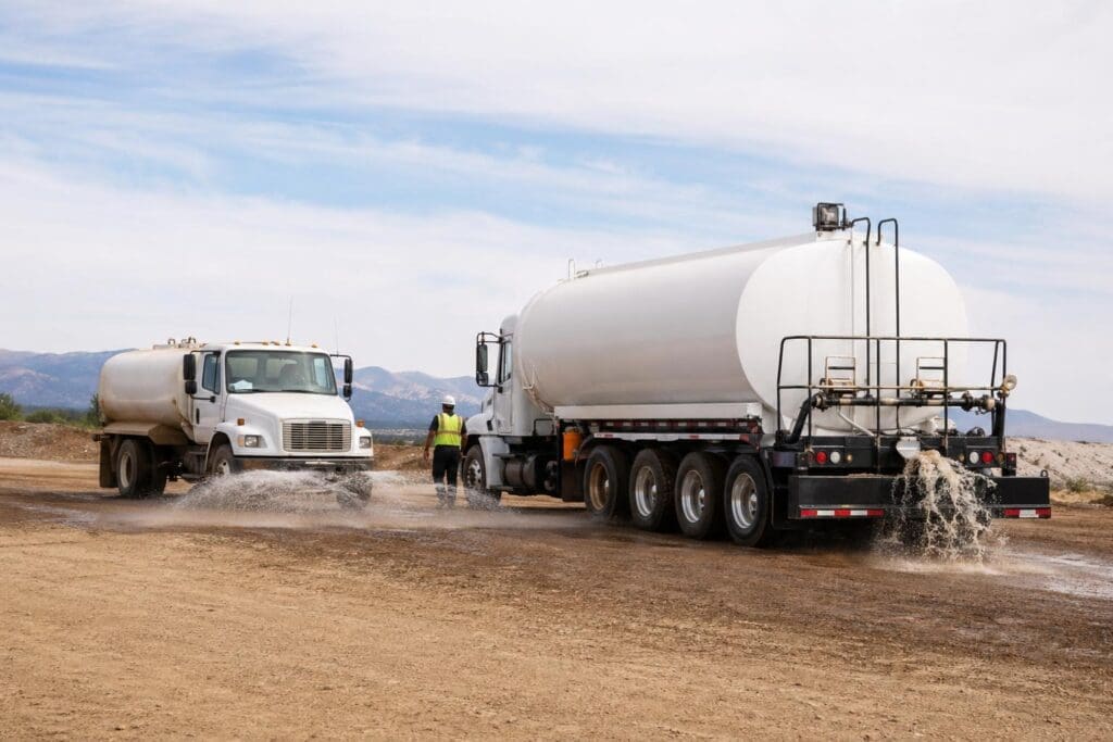 A large water tanker truck is parked on a dusty construction or industrial site with a worker nearby and mountains visible in the background.