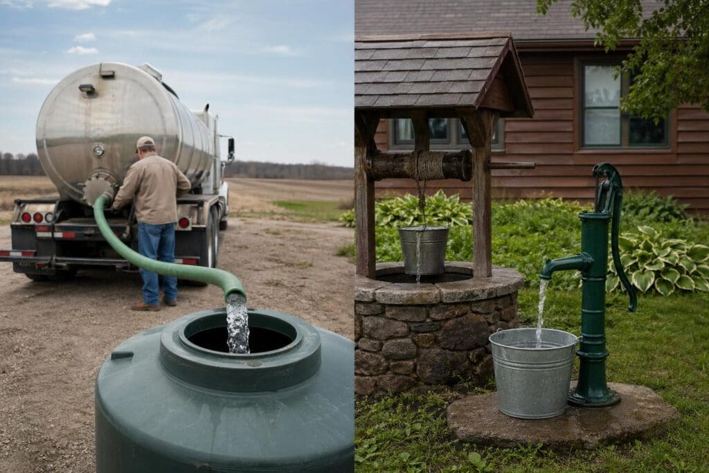 A side-by-side comparison of rural water supply infrastructure showing a water delivery truck with tank on the left and a well pump system beside a cottage on the right.