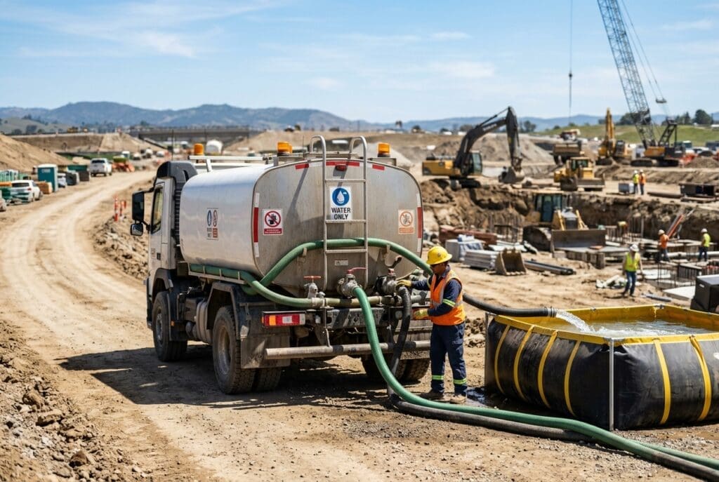 A water truck operates at an active construction or industrial site with equipment and machinery visible in a desert landscape.