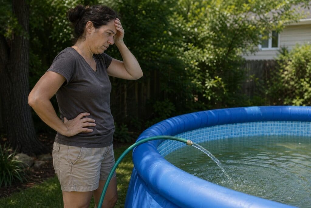 A person stands beside a blue inflatable pool in a residential backyard, appearing to contemplate or inspect the water.
