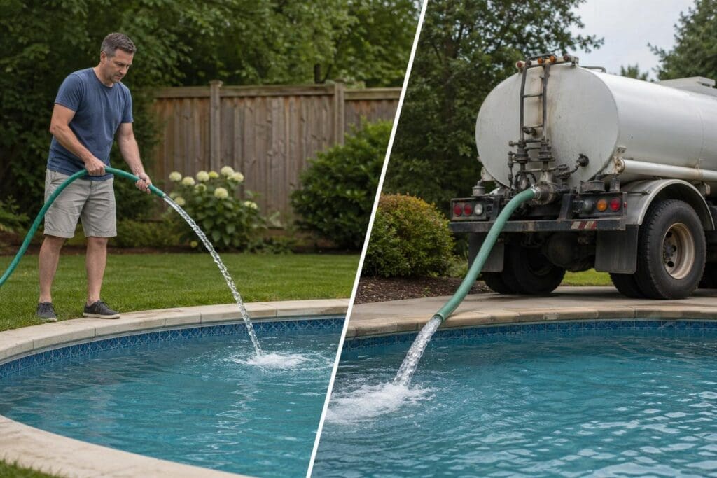 A man performs pool maintenance while a water delivery truck stands ready in a residential backyard setting.