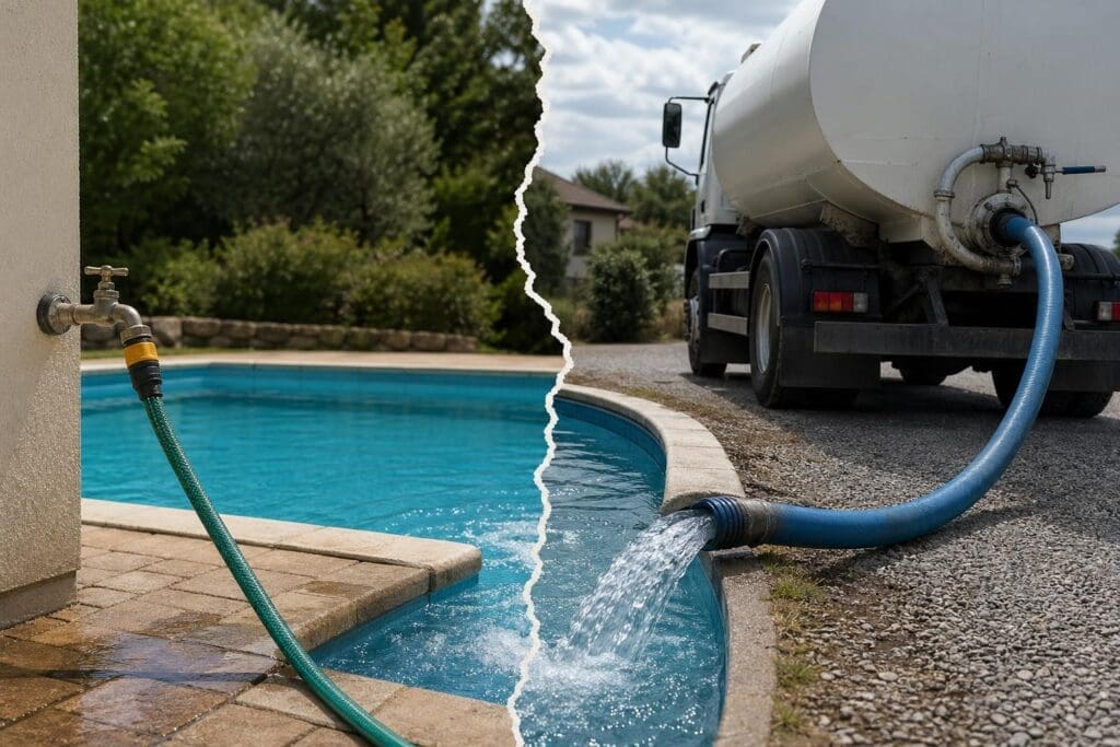 A water tanker truck fills a residential swimming pool with a hose while the clear blue water splashes into the pool under daytime conditions.
