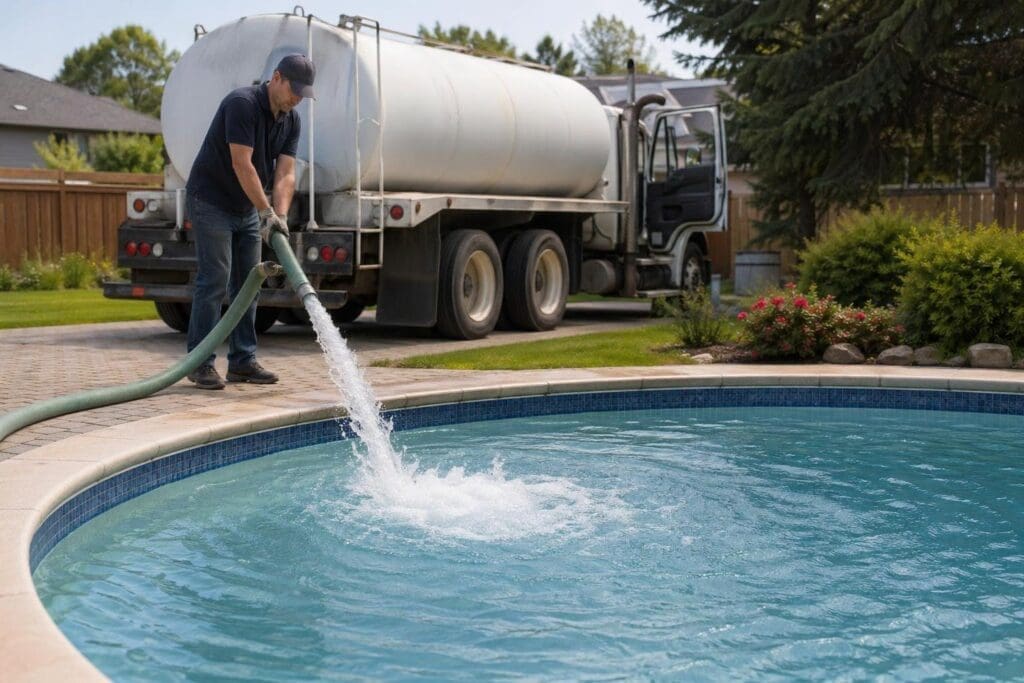 A worker fills a residential swimming pool with water from a large tanker truck in a suburban neighborhood.
