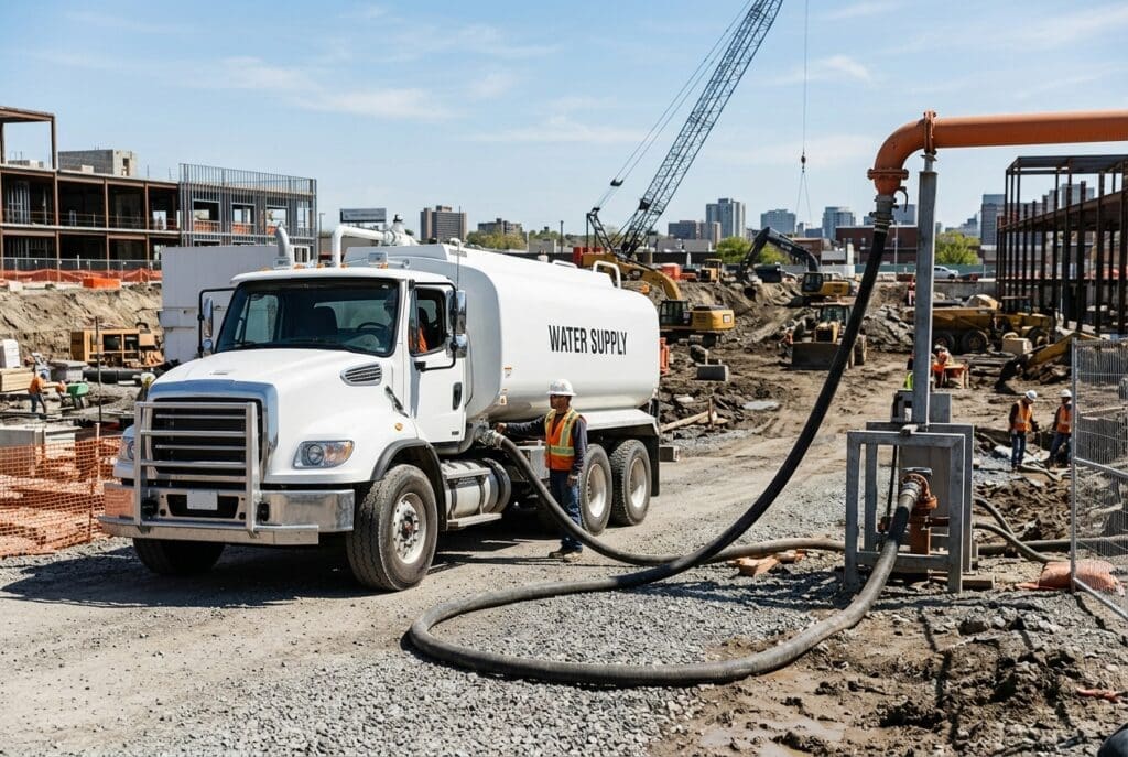A white cement mixer truck is positioned at an active construction site with heavy machinery and ongoing development in the background.
