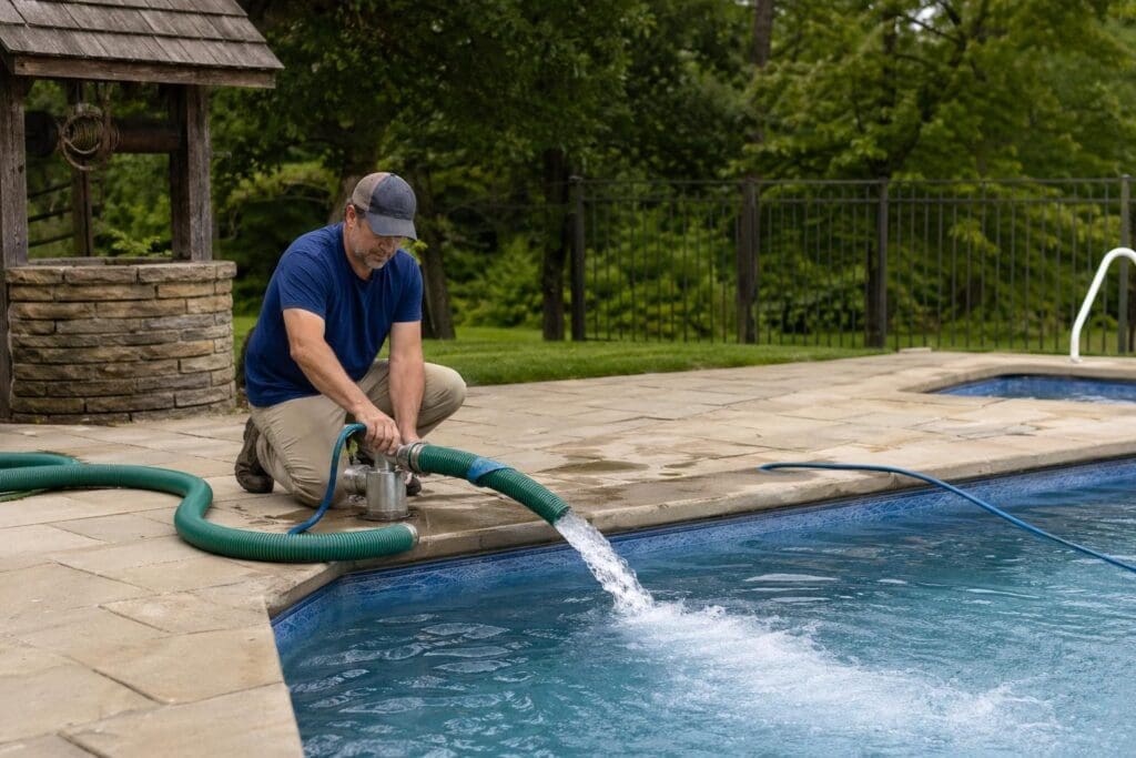A pool maintenance worker uses a skimmer net to clean debris from a residential swimming pool on a sunny day.